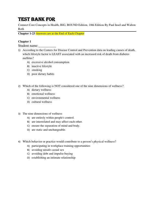 Test Bank For Connect Core Concepts in Health, BIG, BOUND Edition, 18th Edition By Paul Insel and Walton Roth Chapter 1-23
