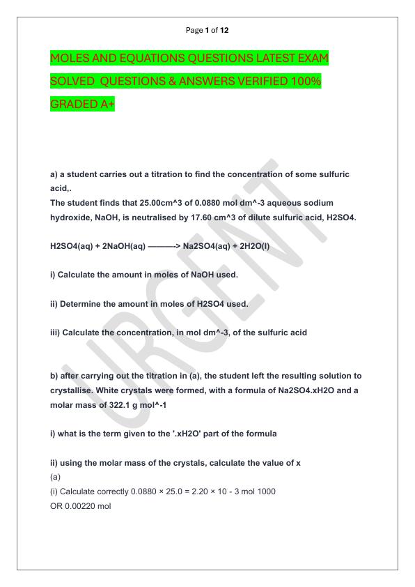 MOLES AND EQUATIONS QUESTIONS LATEST EXAM SOLVED  QUESTIONS & ANSWERS VERIFIED 100%  GRADED A+
