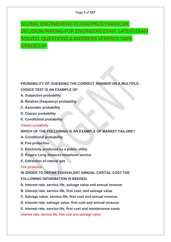 GLOBAL ENGINEERING ECONOMICS FINANCIAL DECISION MAKING FOR ENGINEERS EXAM  LATEST EXAM SOLVED  QUESTIONS & ANSWERS VERIFIED 100%  GRADED A+