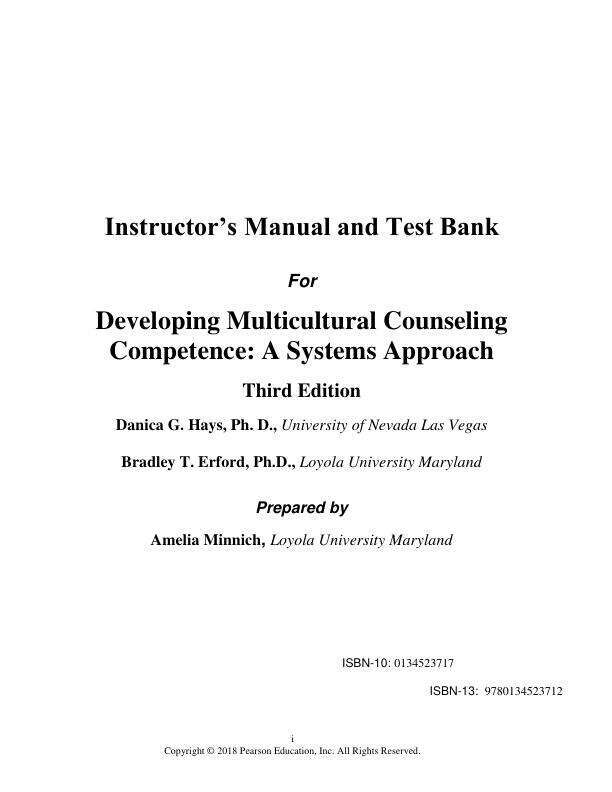 Test Bank for Developing Multicultural Counseling Competence A Systems Approach, 3rd Edition by Danica G. Hays, Bradley T. Erford