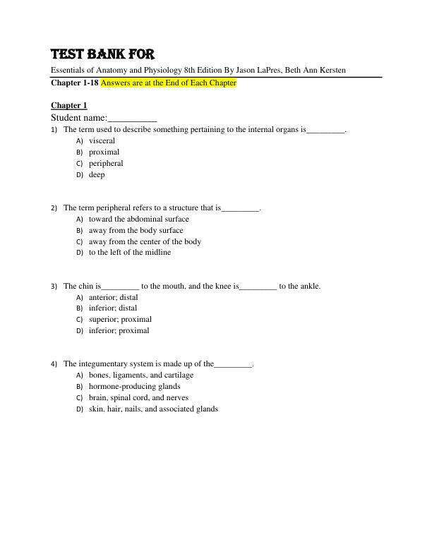 Test Bank For Essentials of Anatomy and Physiology 8th Edition By Jason LaPres, Beth Ann Kersten Chapter 1-18