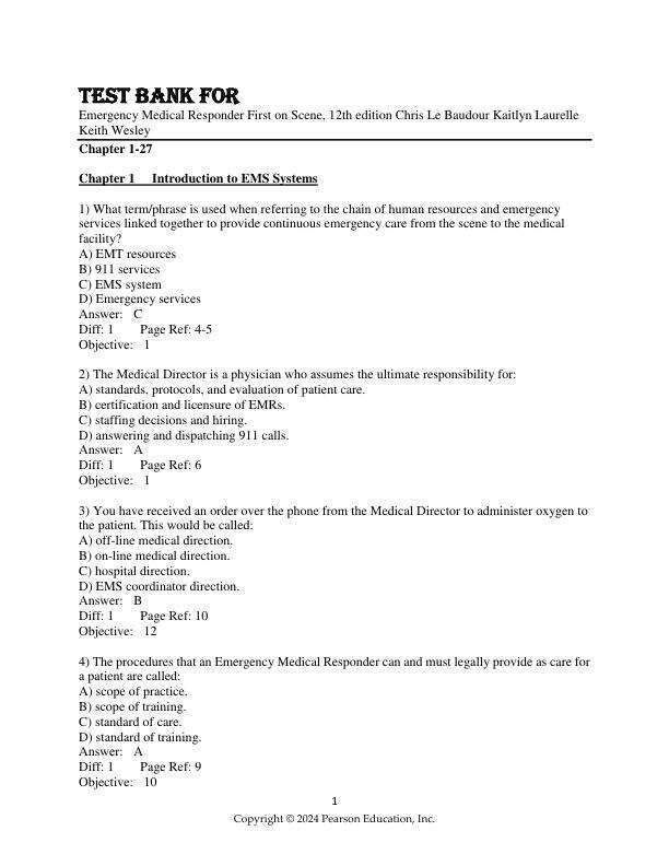 Test Bank For Emergency Medical Responder First on Scene, 12th Edition by Chris Le Baudour Kaitlyn Laurelle Keith Wesley Chapter 1-27