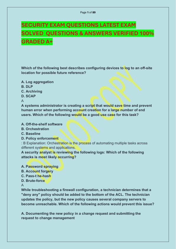 SECURITY EXAM QUESTIONS LATEST EXAM SOLVED  QUESTIONS & ANSWERS VERIFIED 100%  GRADED A+ 