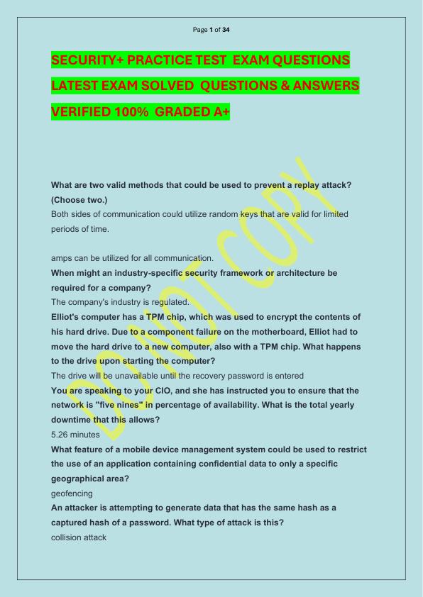 SECURITY+ PRACTICE TEST  EXAM QUESTIONS LATEST EXAM SOLVED  QUESTIONS & ANSWERS VERIFIED 100%  GRADED A+ 