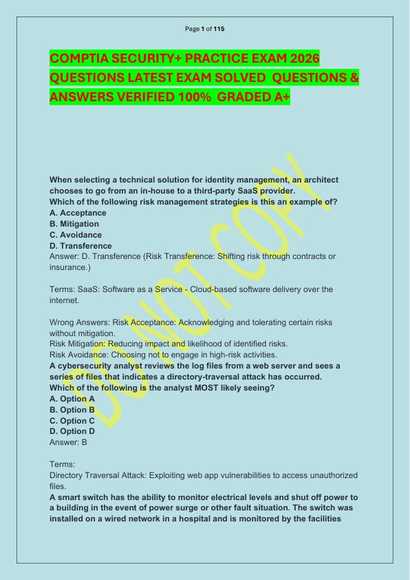 COMPTIA SECURITY+ PRACTICE EXAM 2026 QUESTIONS LATEST EXAM SOLVED  QUESTIONS & ANSWERS VERIFIED 100%  GRADED A+ 