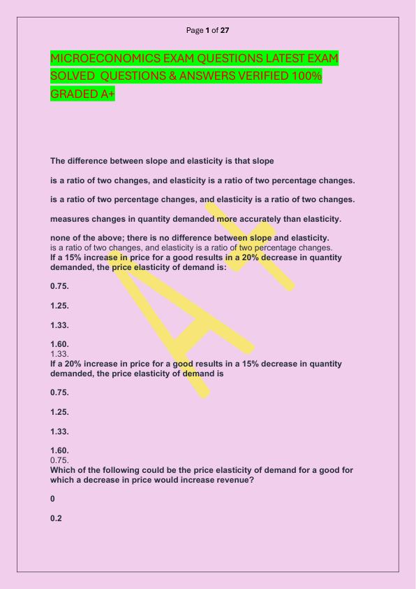 MICROECONOMICS EXAM QUESTIONS LATEST EXAM SOLVED  QUESTIONS & ANSWERS VERIFIED 100%  GRADED A+