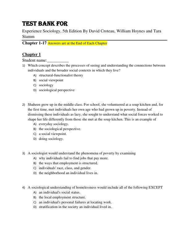 Test Bank For Experience Sociology, 5th Edition By David Croteau, William Hoynes and Tara Chapter 1-17