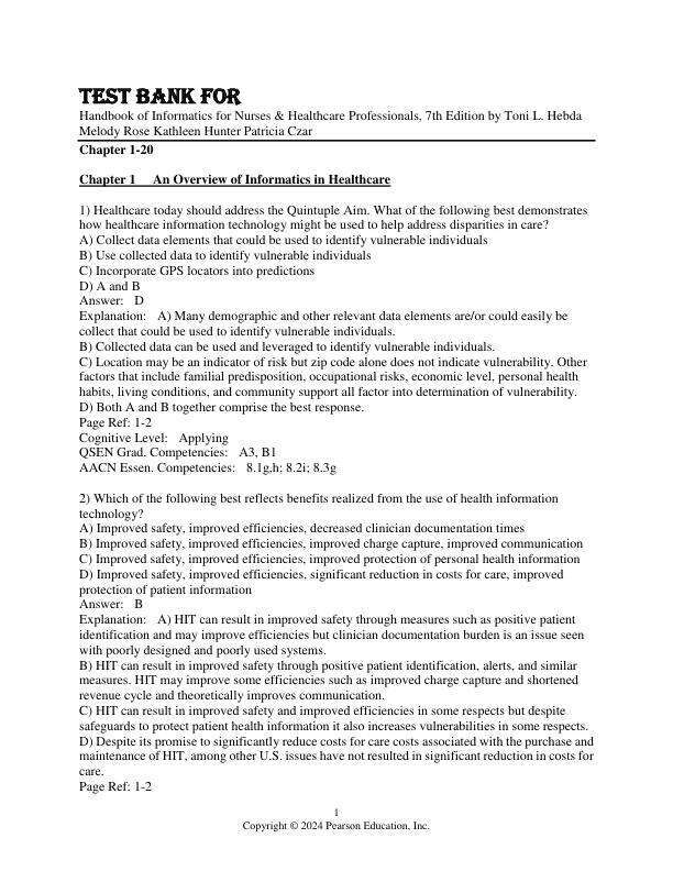 Test Bank For Handbook of Informatics for Nurses & Healthcare Professionals, 7th Edition by Toni L. Hebda Melody Rose Kathleen Hunter Patricia Czar Chapter 1-20