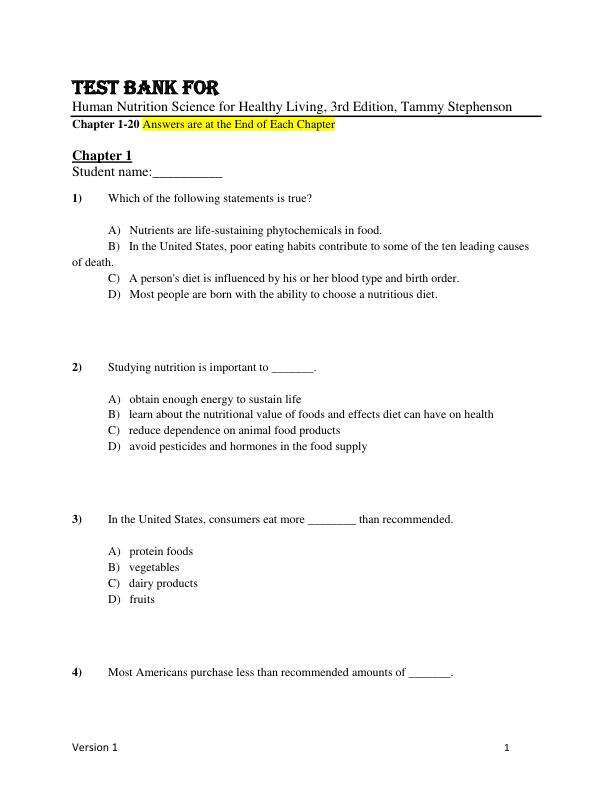 Test Bank For Human Nutrition Science for Healthy Living, 3rd Edition, by Tammy Stephenson Chapter 1-20