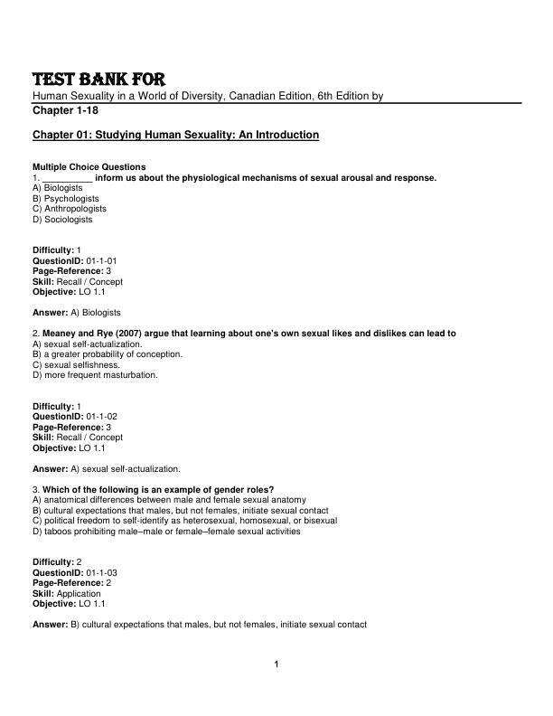 Test Bank For Human Sexuality in a World of Diversity, Canadian Edition, 6th Edition by Chapter 1-18