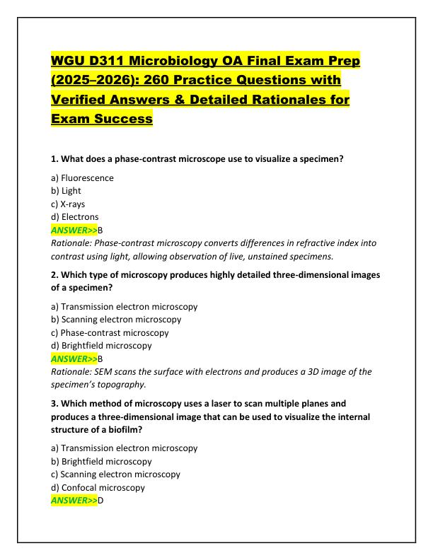 WGU D311 Microbiology OA Final Exam Prep