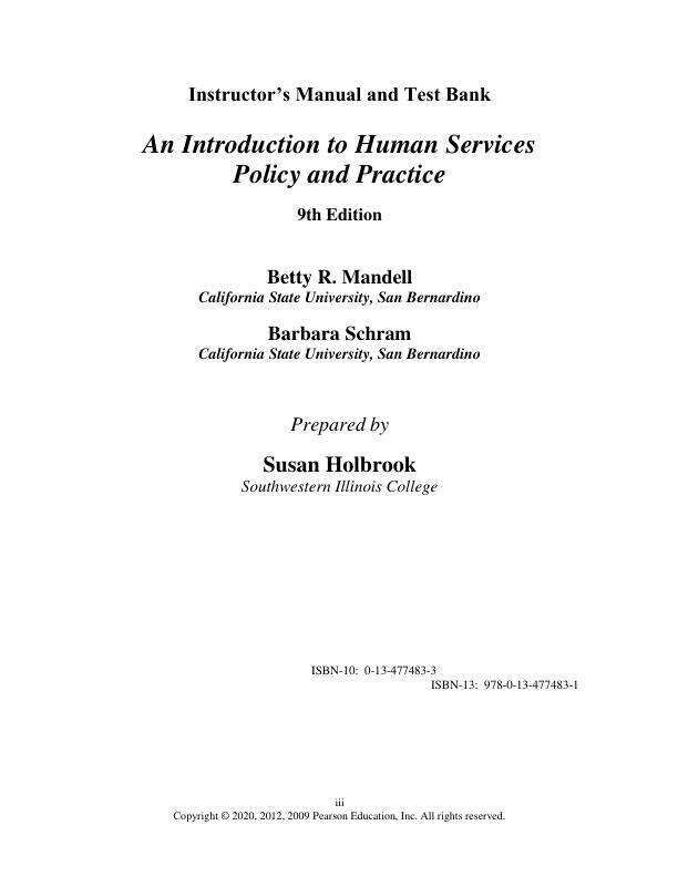 Test Bank for Introduction to Human Services, An Policy and Practice, 9th Edition by Barbara R. Schram, Betty Reid Mandell, Paul Dann, Lynn Peterson