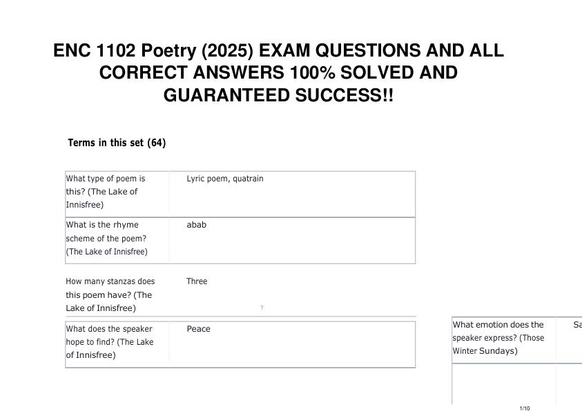 ENC 1102 Poetry EXAM QUESTIONS AND ALL CORRECT ANSWERS AND GUARANTEED SUCCESS!!