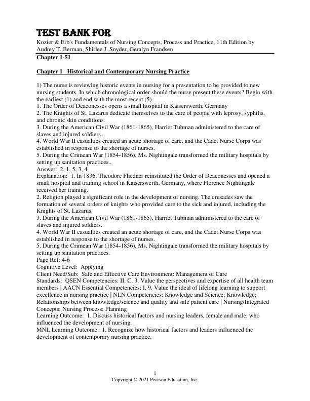 Test Bank For Kozier & Erb's Fundamentals of Nursing Concepts, Process and Practice, 11th Edition by Audrey T. Berman, Shirlee J. Snyder, Geralyn Frandsen Chapter 1-51