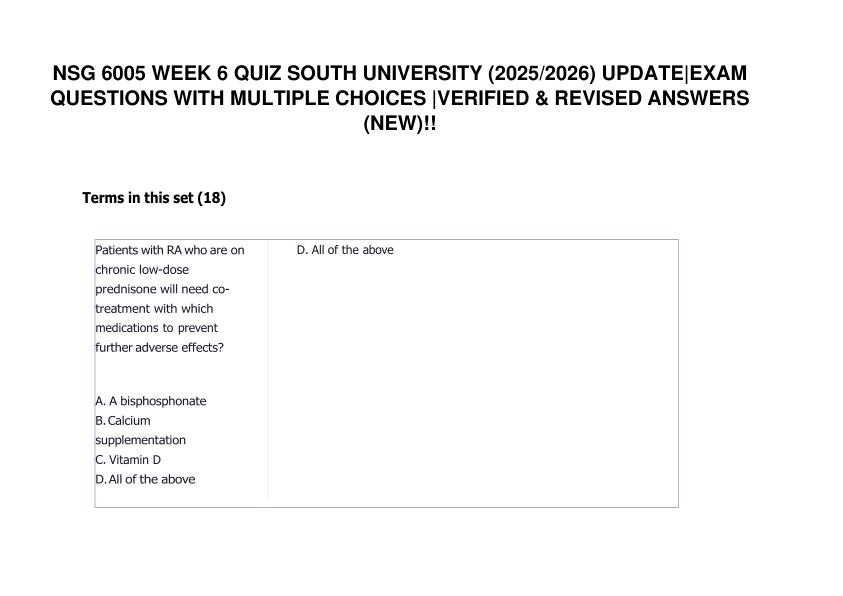 mobile-preview-NSG 6005 WEEK 6 QUIZ SOUTH UNIVERSITY UPDATE EXAM QUESTIONS WITH MULTIPLE CHOICES & REVISED 100% Verified ANSWERS (NEW)!!
