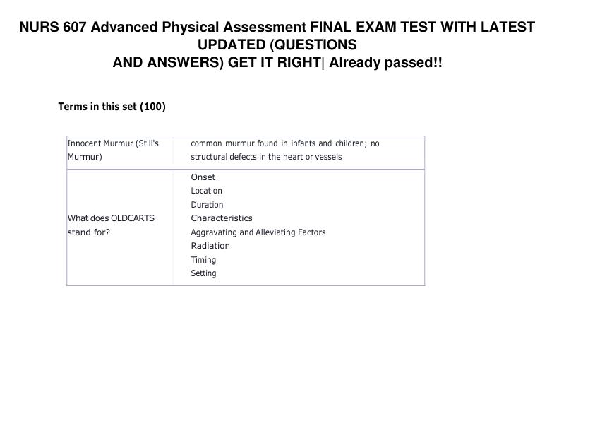 mobile-preview-NURS 607 Advanced Physical Assessment FINAL EXAM TEST WITH LATEST UPDATED (QUESTIONS AND ANSWERS) GET IT RIGHT Already passed!