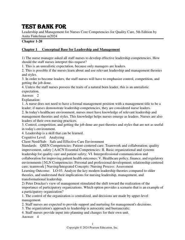 Test Bank For Leadership and Management for Nurses Core Competencies for Quality Care, 5th Edition by Anita Finkelman m2024 Chapter 1-20
