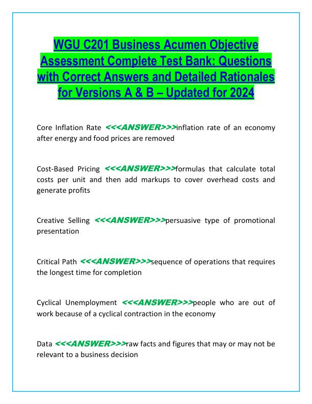 WGU C201 Business Acumen Objective Assessment Complete Test Bank