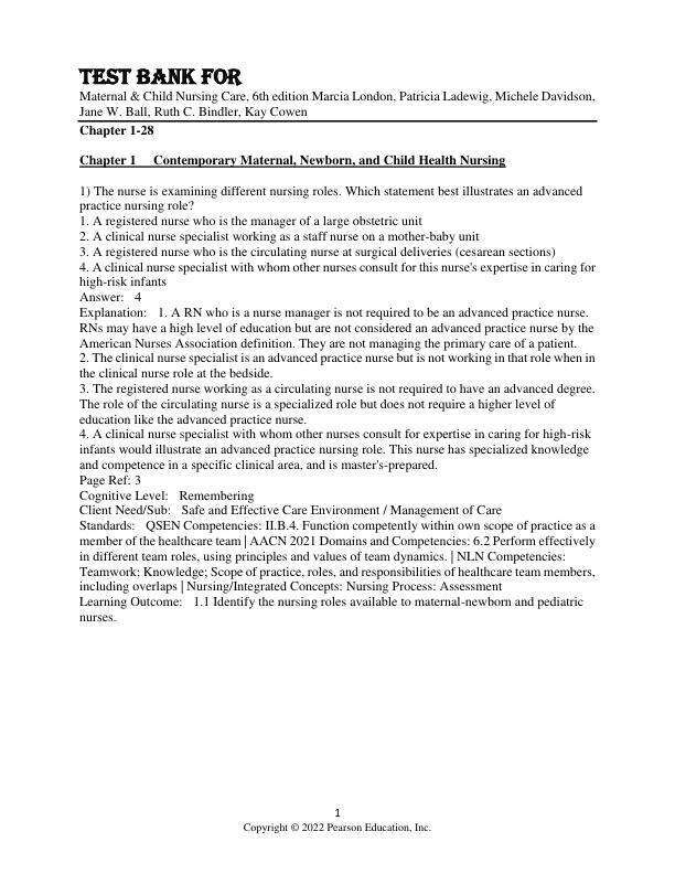 Test Bank For Maternal & Child Nursing Care, 6th Edition by Marcia London, Patricia Ladewig, Michele Davidson, Jane W. Ball, Ruth C. Bindler, Kay Cowen Chapter 1-57