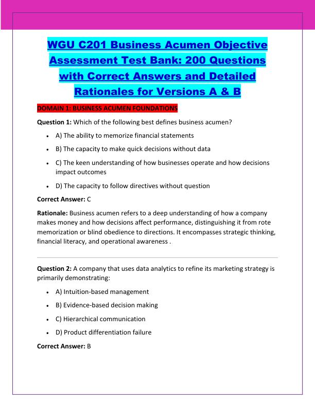 WGU C201 Business Acumen Objective Assessment Test Bank