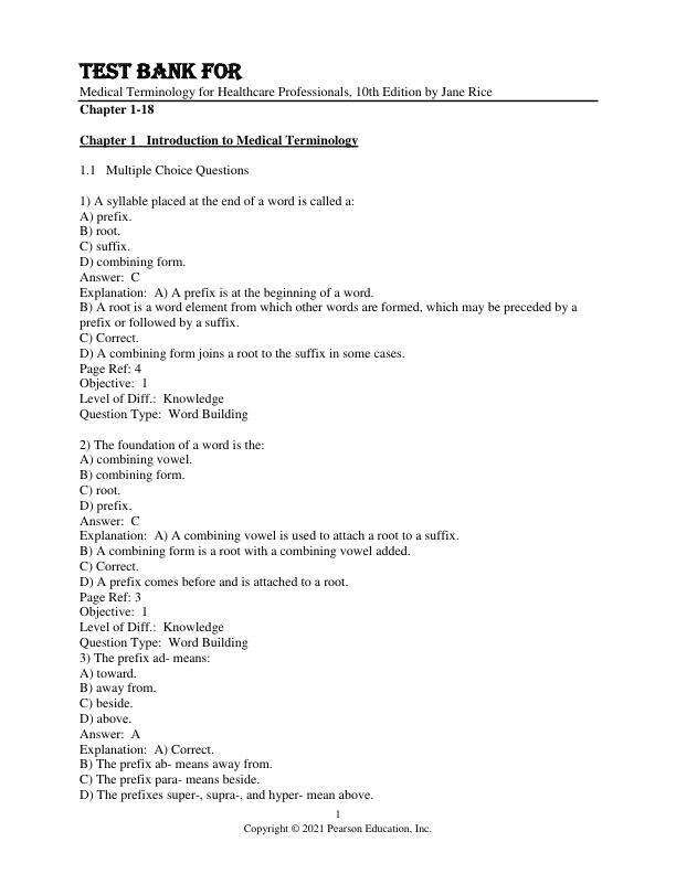 Test Bank For Medical Terminology for Healthcare Professionals, 10th Edition by Jane Rice Chapter 1-18