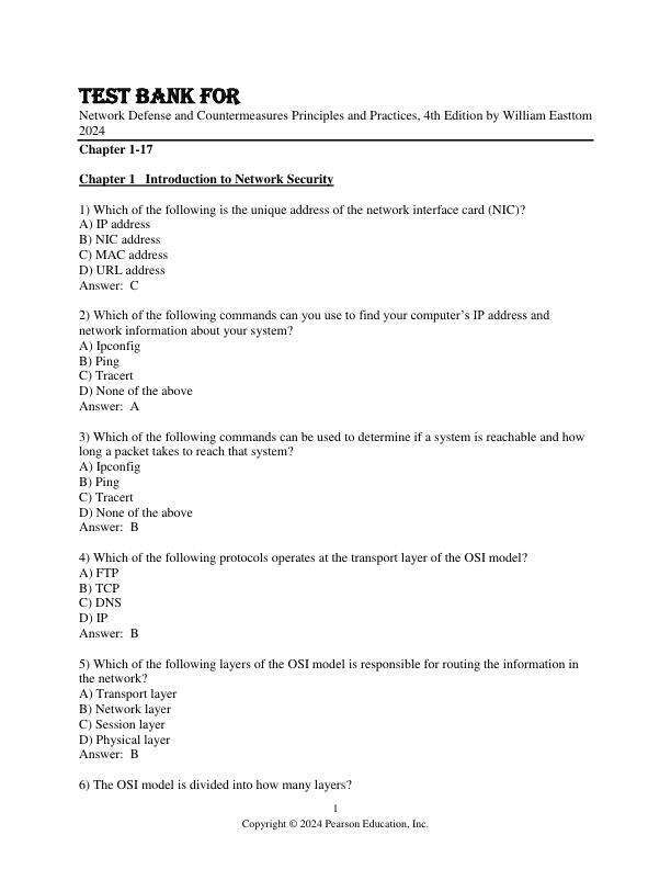 Test Bank For Network Defense and Countermeasures Principles and Practices, 4th Edition by William Easttom 2024 Chapter 1-17