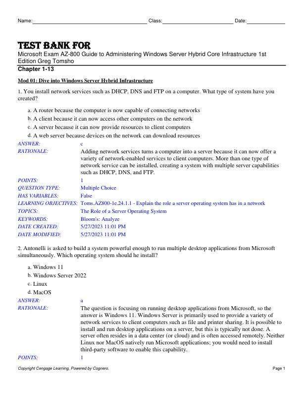 Test Bank For Microsoft Exam AZ-800 Guide to Administering Windows Server Hybrid Core Infrastructure 1st Edition by Greg Tomsho Chapter 1-13