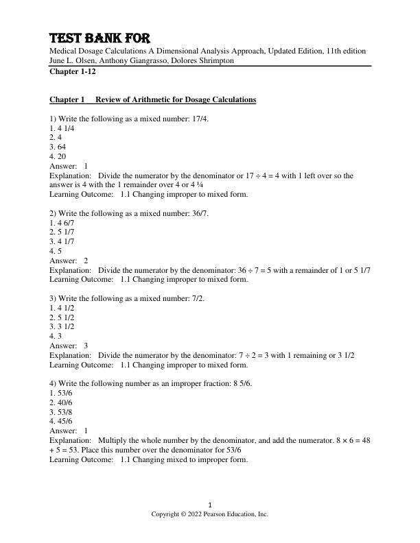 Test Bank For Medical Dosage Calculations A Dimensional Analysis Approach, Updated Edition, 11th Edition by June L. Olsen, Anthony Giangrasso, Dolores Shrimpton Chapter 1-12