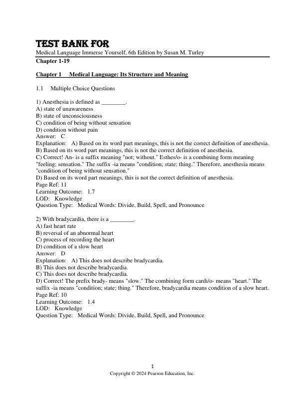 Test Bank For Medical Language Immerse Yourself, 6th Edition by Susan M. Turley Chapter 1-19