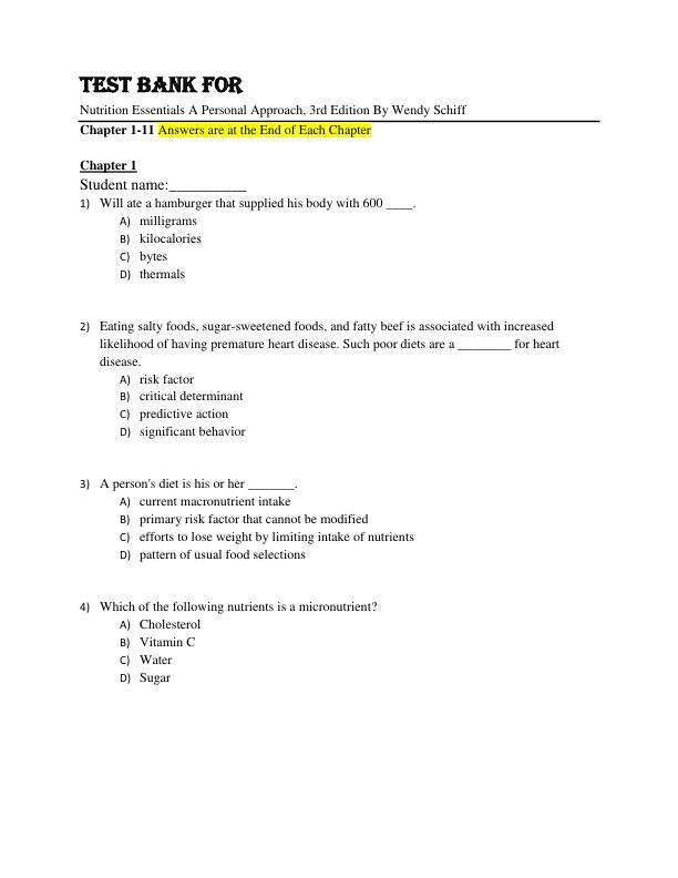 Test Bank For Nutrition Essentials A Personal Approach, 3rd Edition By Wendy Schiff Chapter 1-11