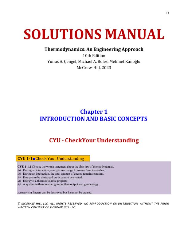 Solution Manual For Thermodynamics An Engineering Approach 10th Edition Yunus A. Çengel, Michael A. Boles, Mehmet Kanoğlu