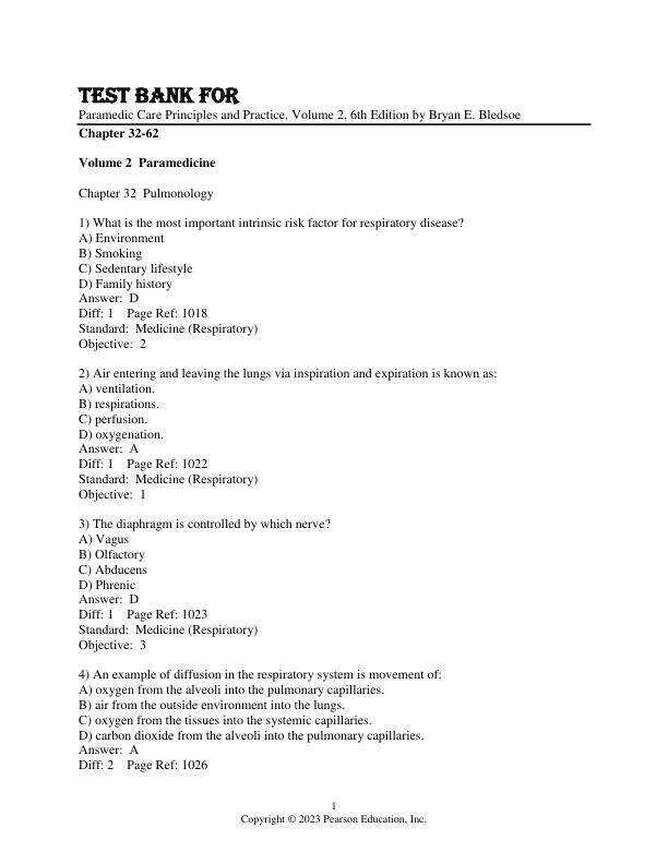 Test Bank For Paramedic Care Principles and Practice, Volume 2, 6th Edition by Bryan E. Bledsoe Chapter 32-64