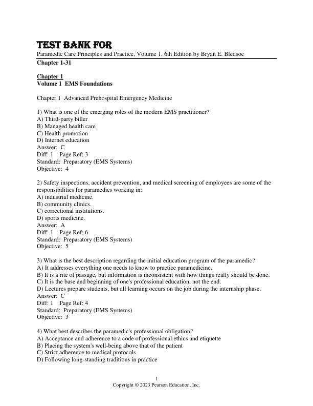 Test Bank For Paramedic Care Principles and Practice, Volume 1, 6th Edition by Bryan E. Bledsoe Chapter 1-31
