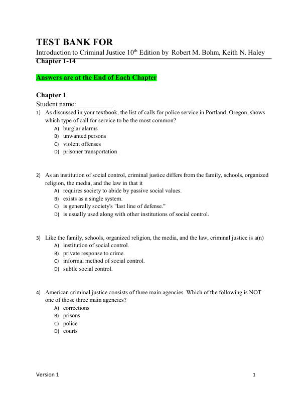 Test Bank For Introduction to Criminal Justice 10th Edition by Robert M. Bohm, Keith N. Haley Chapter 1-14