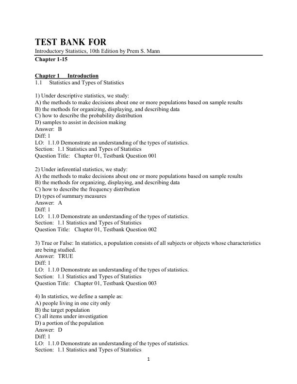 Test Bank For Introductory Statistics, 10th Edition by Prem S. Mann Chapter 1-15