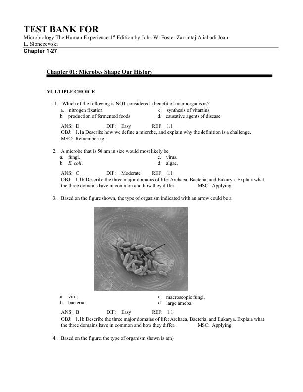 mobile-preview-Test Bank For Microbiology The Human Experience 1st Edition by John W. Foster Zarrintaj Aliabadi Joan L. Slonczewski Chapter 1-27
