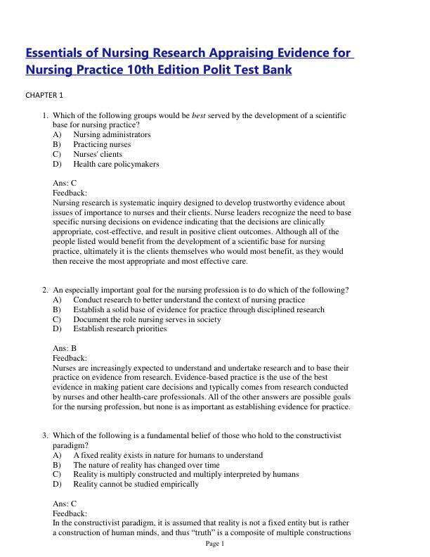 Latest 2023 Essentials of Nursing Research Appraising Evidence for Nursing Practice 10th Edition Denise Test bank  All Chapters