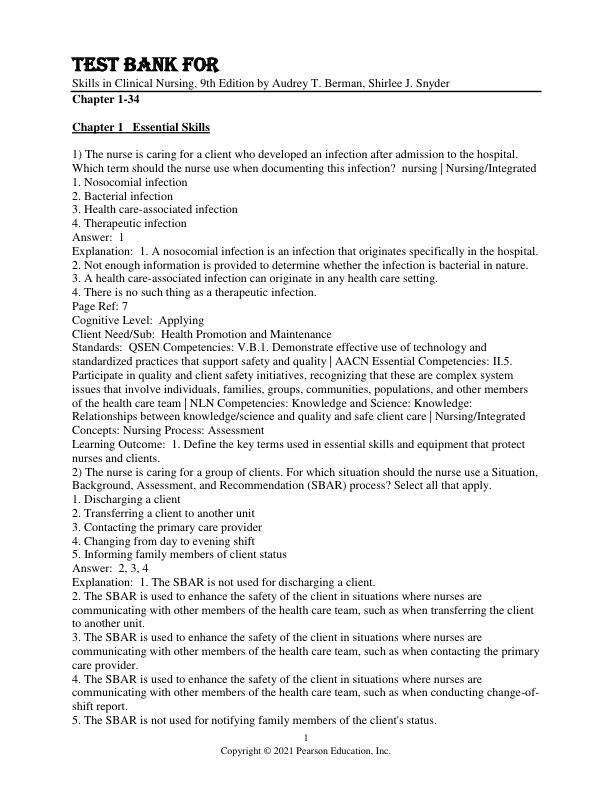Test Bank For Skills in Clinical Nursing, 9th Edition by Audrey T. Berman, Shirlee J. Snyder Chapter 1-34