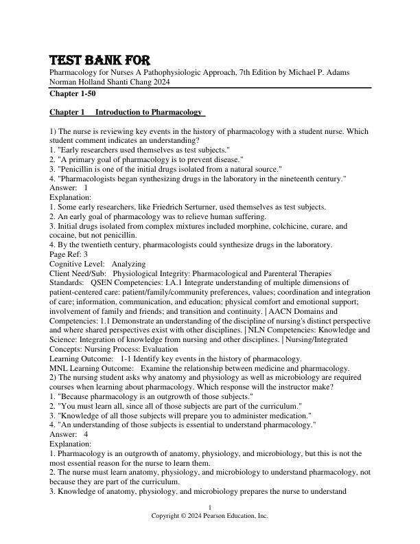Test Bank For Pharmacology for Nurses A Pathophysiologic Approach, 7th Edition by Michael P. Adams Norman Holland Shanti Chang 2024 Chapter 1-50uploded