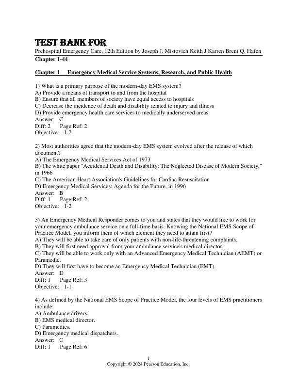 Test Bank For Prehospital Emergency Care, 12th Edition by Joseph J. Mistovich Keith J Karren Brent Q. Hafen Chapter 1-44