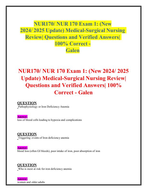 NUR170 NUR 170 Exam 1 (New 2024 2025 Update) Medical-Surgical Nursing Review Questions and Verified Answers 100% Correct - Galen