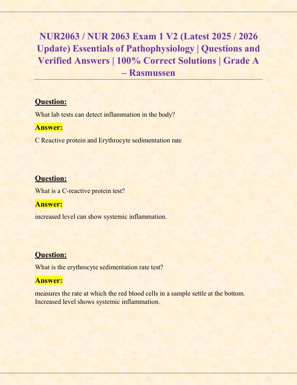 NUR2063  NUR 2063 Exam 1 V2 (Latest 2025  2026 Update) Essentials of Pathophysiology  Questions and Verified Answers  100% Correct Solutions  Grade A – Rasmussen