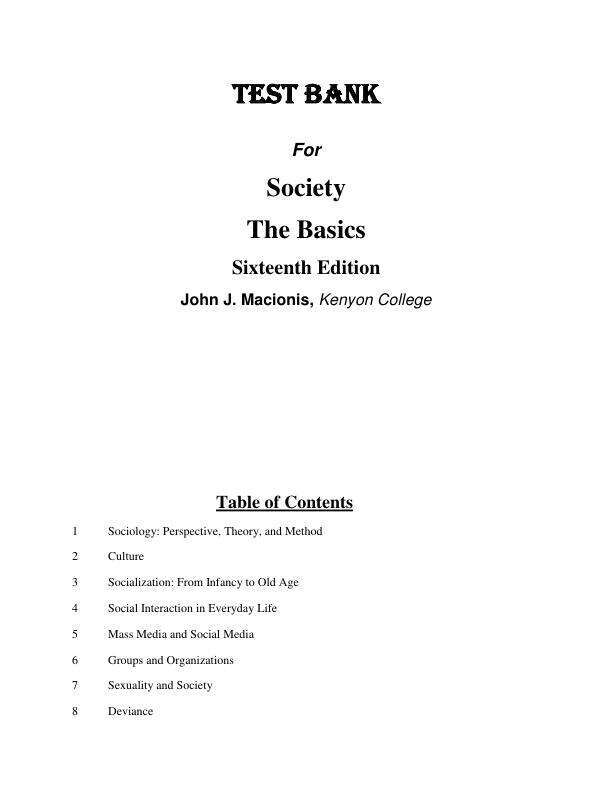 Test Bank For Society The Basics, 16th Edition by John J. Macionis 2024 Chapter 1-17