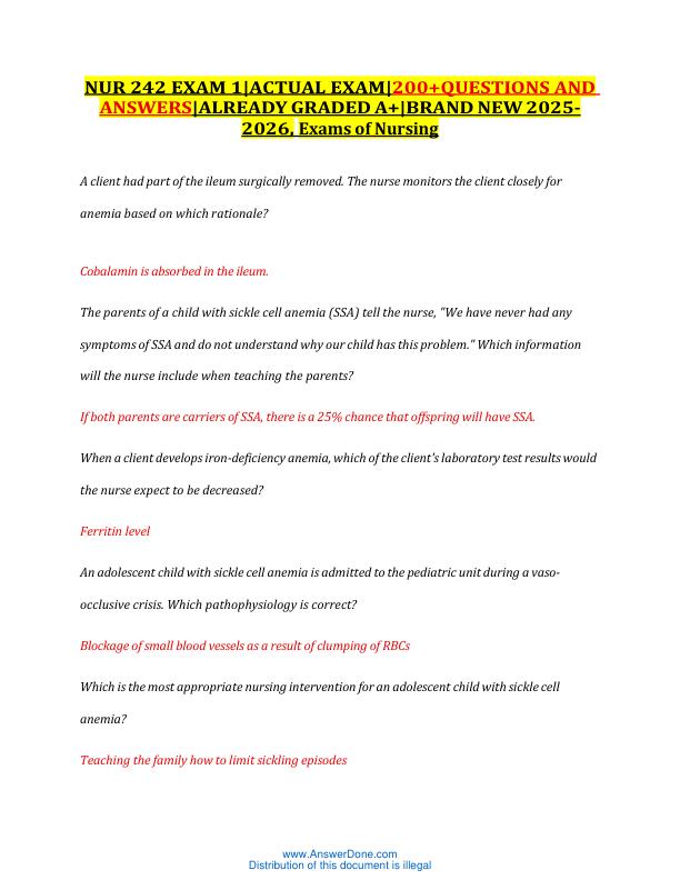 mobile-preview-NUR 242 EXAM 1ACTUAL EXAM200+QUESTIONS AND ANSWERSALREADY GRADED A+BRAND NEW 2025-2026, Exams of Nursing