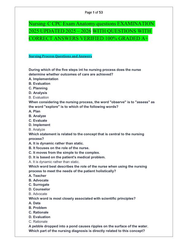 mobile-preview-Nursing C CPC Exam Anatomy questions EXAMINATION 2025 UPDATED 2025 – 2026 WITH QUESTIONS WITH CORRECT ANSWERS VERIFIED 100% GRADED A+