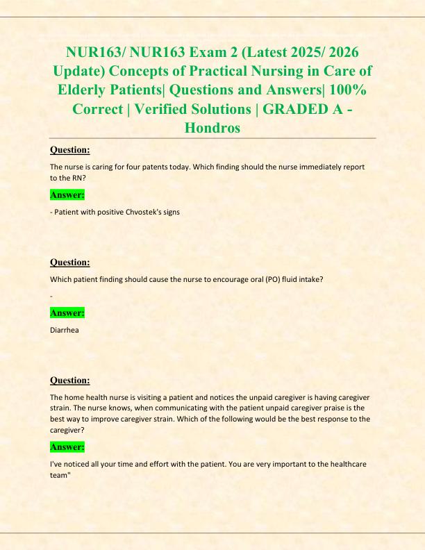 mobile-preview-NUR163 NUR163 Exam 2 (Latest 2025 2026 Update) Concepts of Practical Nursing in Care of Elderly Patients Questions and Answers 100% Correct  Verified Solutions  GRADED A - Hondros