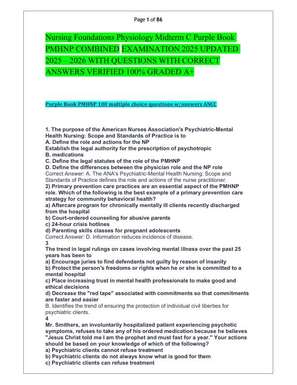 mobile-preview-Nursing Foundations Physiology Midterm C Purple Book PMHNP COMBINED EXAMINATION 2025 UPDATED 2025 – 2026 WITH QUESTIONS WITH CORRECT ANSWERS VERIFIED 100% GRADED A+