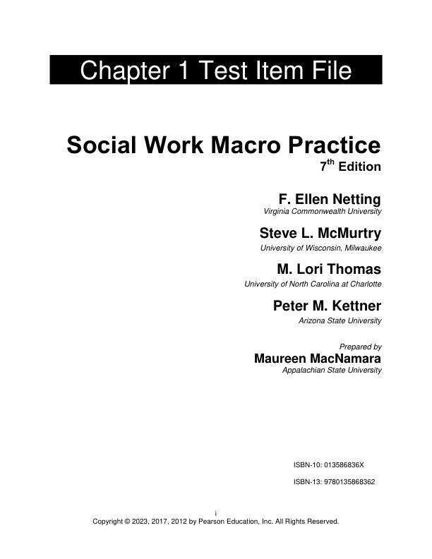 Test Bank For Social Work Macro Practice, 7th Edition by F Ellen Netting, Steve L. McMurtry, M Lori Thomas, Peter M. Kettner Chapter 1-12