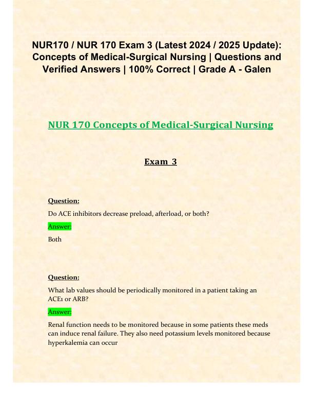 mobile-preview-NUR170  NUR 170 Exam 3 (Latest 2024 2025 Update) Concepts of Medical-Surgical Nursing  Questions and Verified Answers  100% Correct  Grade A - Galen