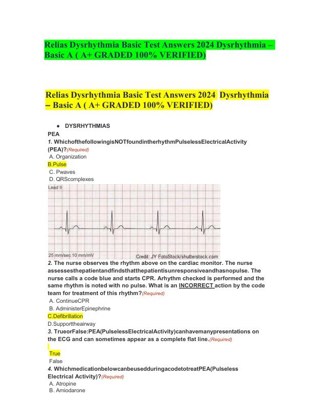 Relias Dysrhythmia Basic Test Answers 2024 Dysrhythmia – Basic A ( A+ GRADED 100% VERIFIED)
